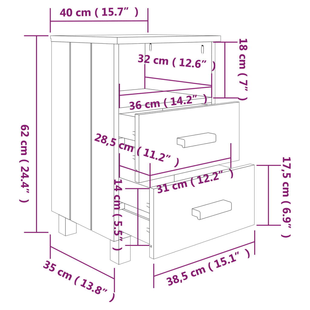 Sängbord HAMAR 2 st vit 40x35x62 cm massivt trä