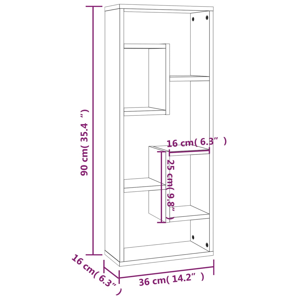 Vägghylla rökfärgad ek 36x16x90 cm konstruerat trä