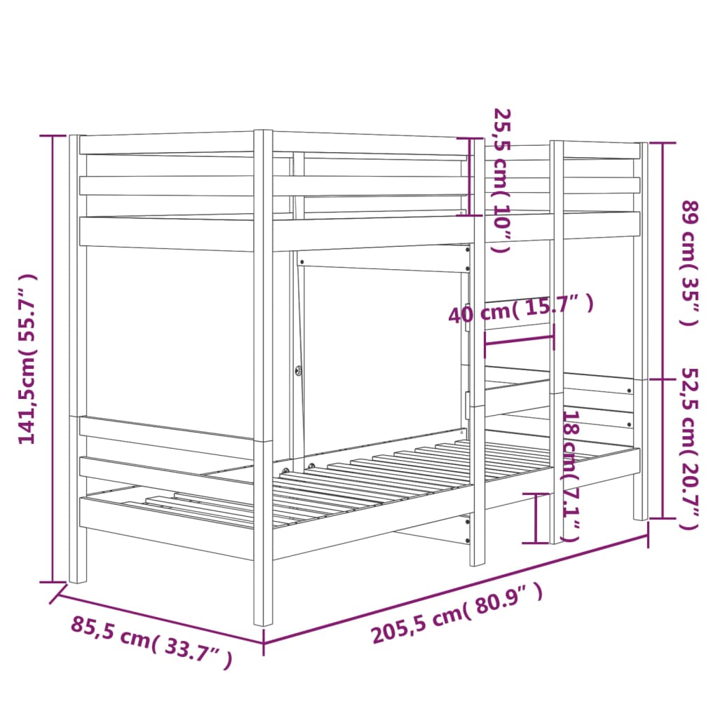 Våningssäng vit 80x200 cm massiv furu