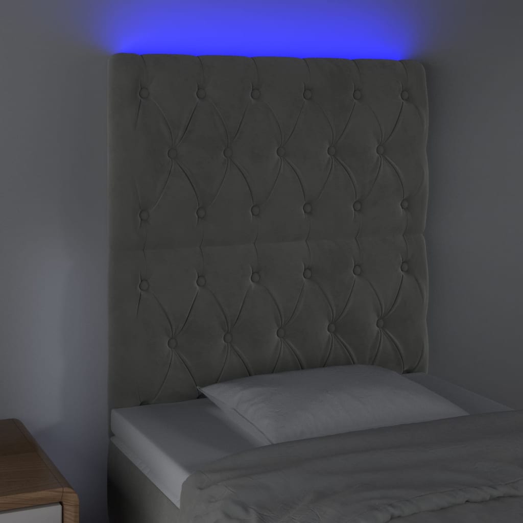 Sänggavel LED ljusgrå 80x7x118/128 cm sammet