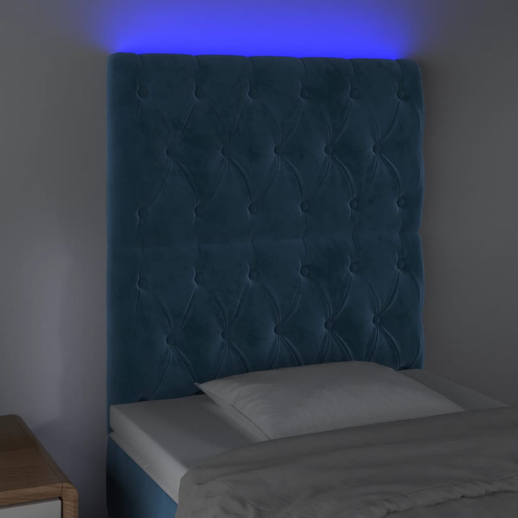 Sänggavel LED mörkblå 80x7x118/128 cm sammet