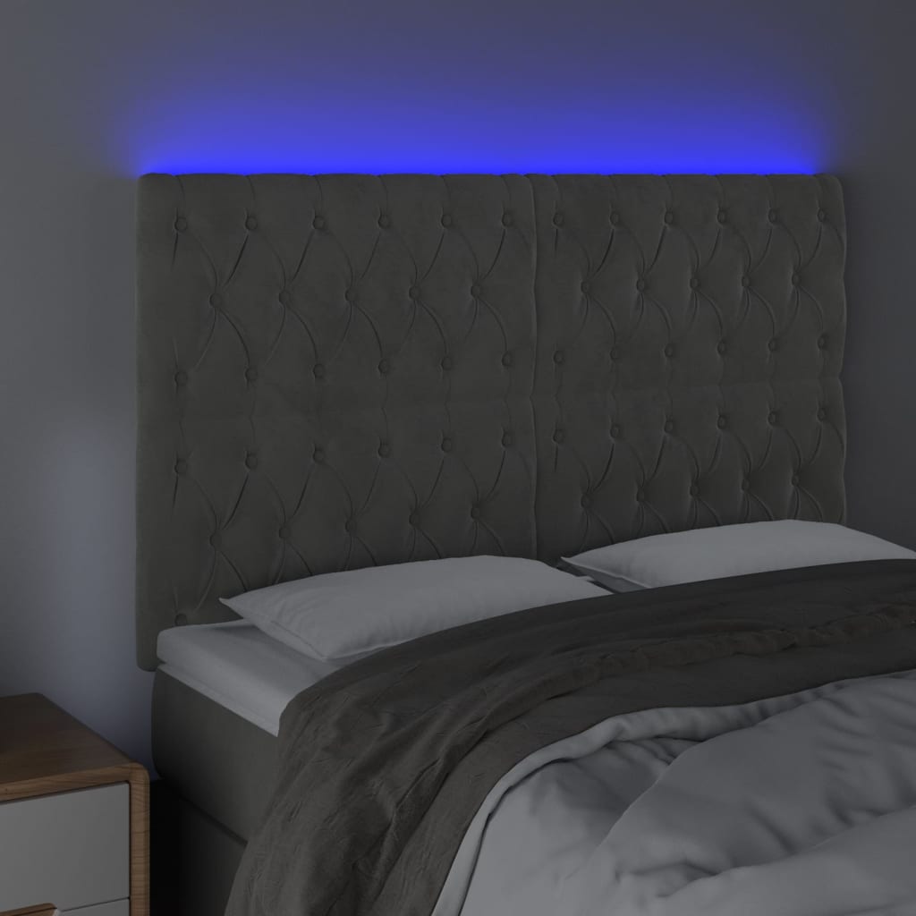 Sänggavel LED ljusgrå 144x7x118/128 cm sammet