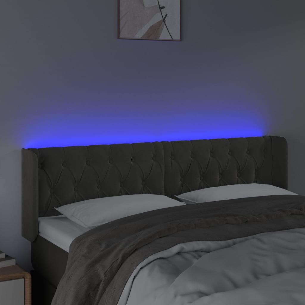 Sänggavel LED mörkgrå 147x16x78/88 cm sammet