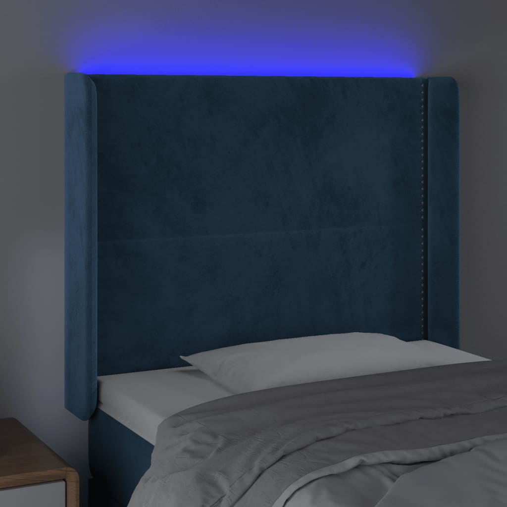 Sänggavel LED mörkblå 93x16x118/128 cm sammet