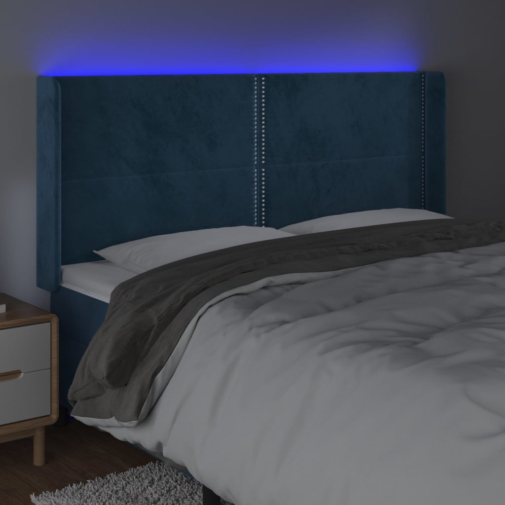 Sänggavel LED mörkblå 183x16x118/128 cm sammet