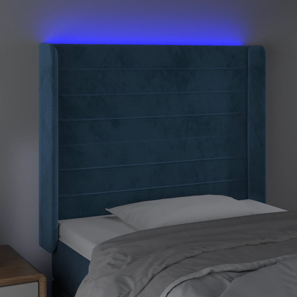 Sänggavel LED mörkblå 103x16x118/128 cm sammet