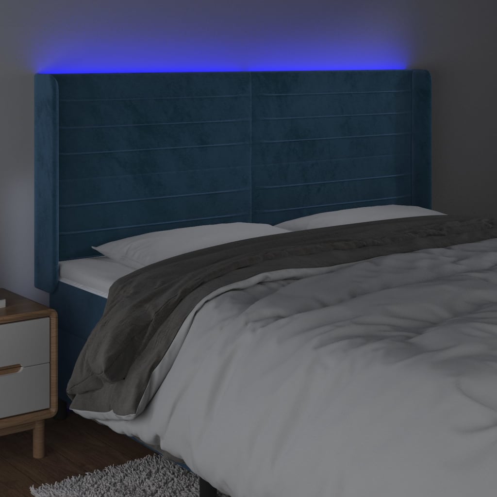 Sänggavel LED mörkblå 203x16x118/128 cm sammet