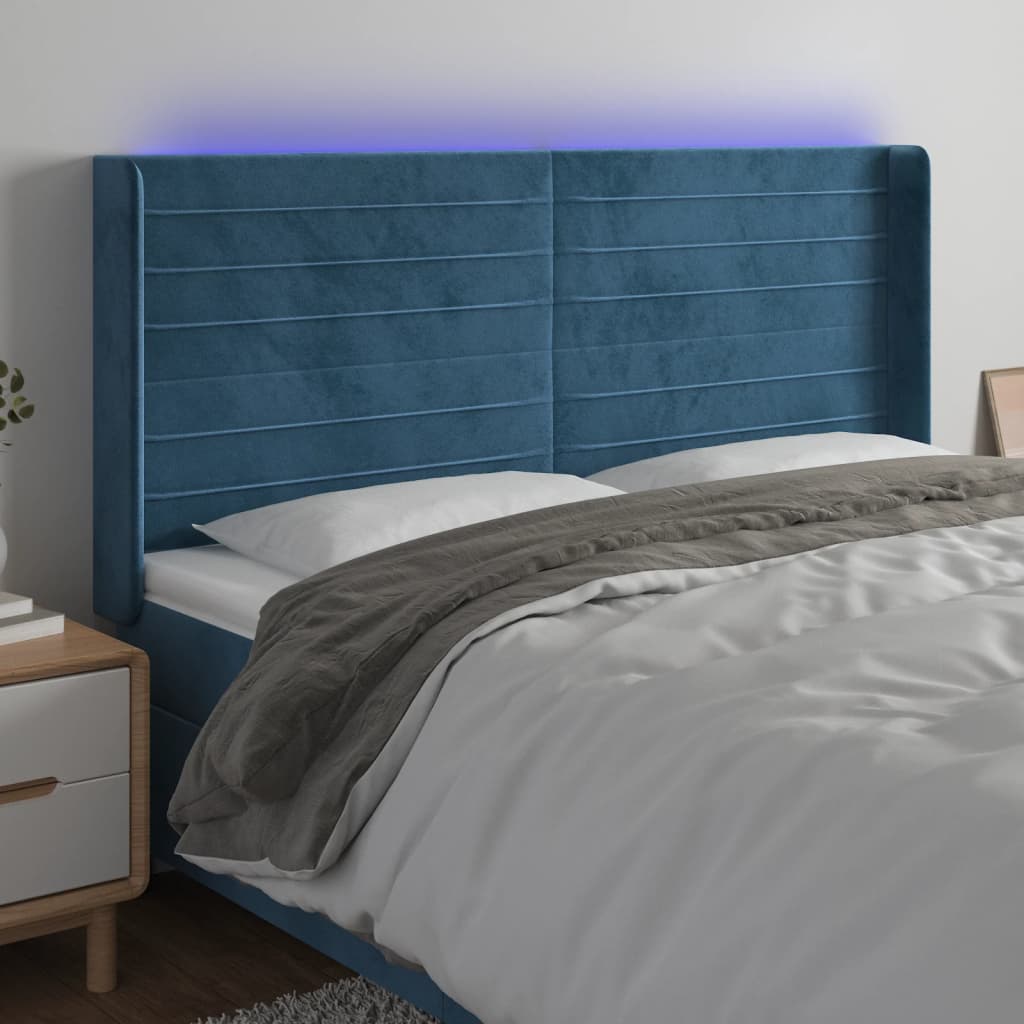 Sänggavel LED mörkblå 203x16x118/128 cm sammet