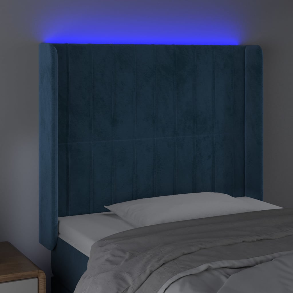 Sänggavel LED mörkblå 103x16x118/128 cm sammet