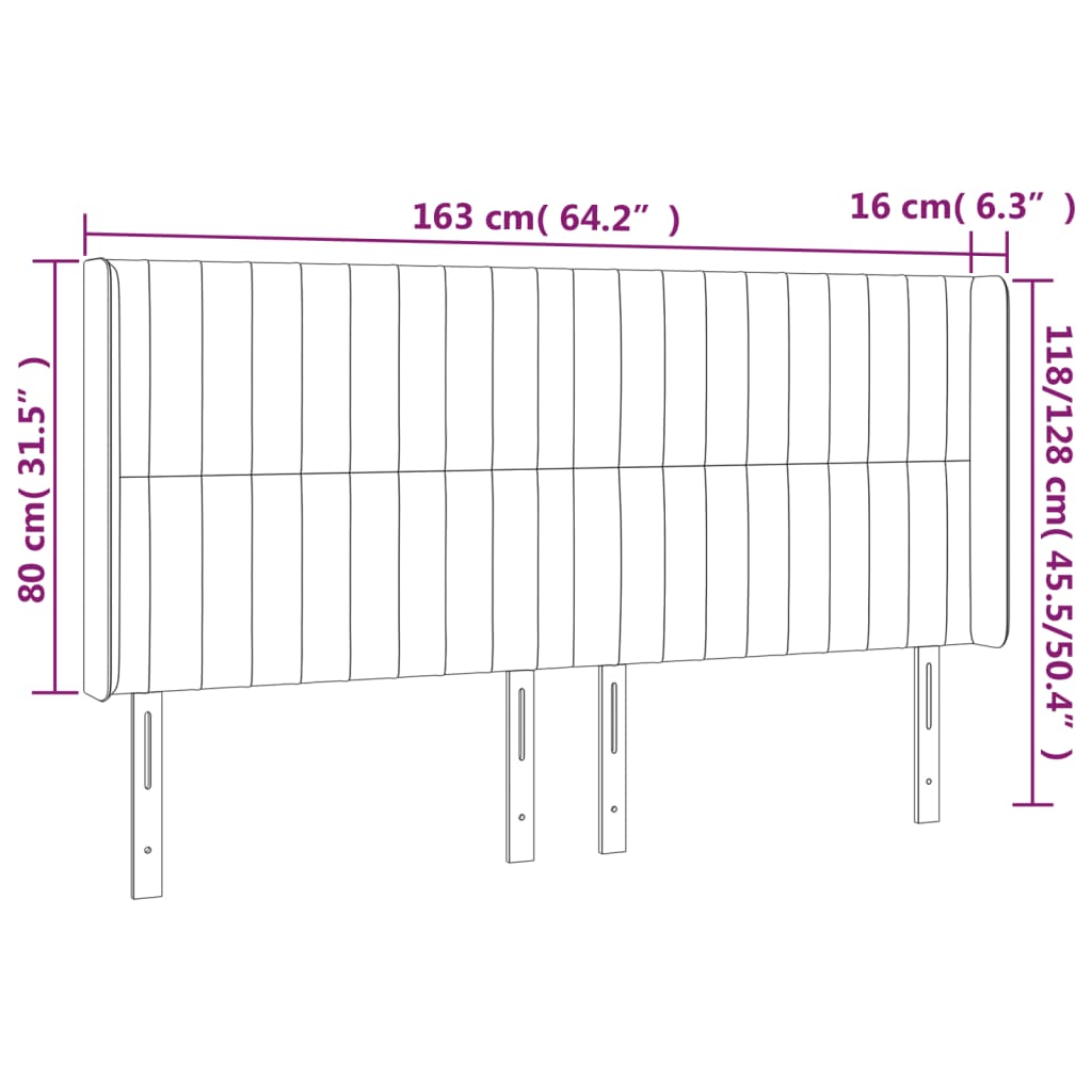 Sänggavel LED ljusgrå 163x16x118/128 cm sammet