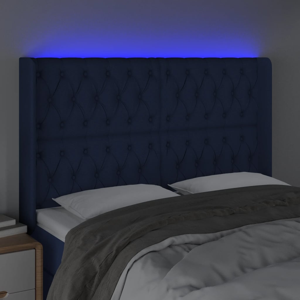 Sänggavel LED blå 147x16x118/128 cm tyg