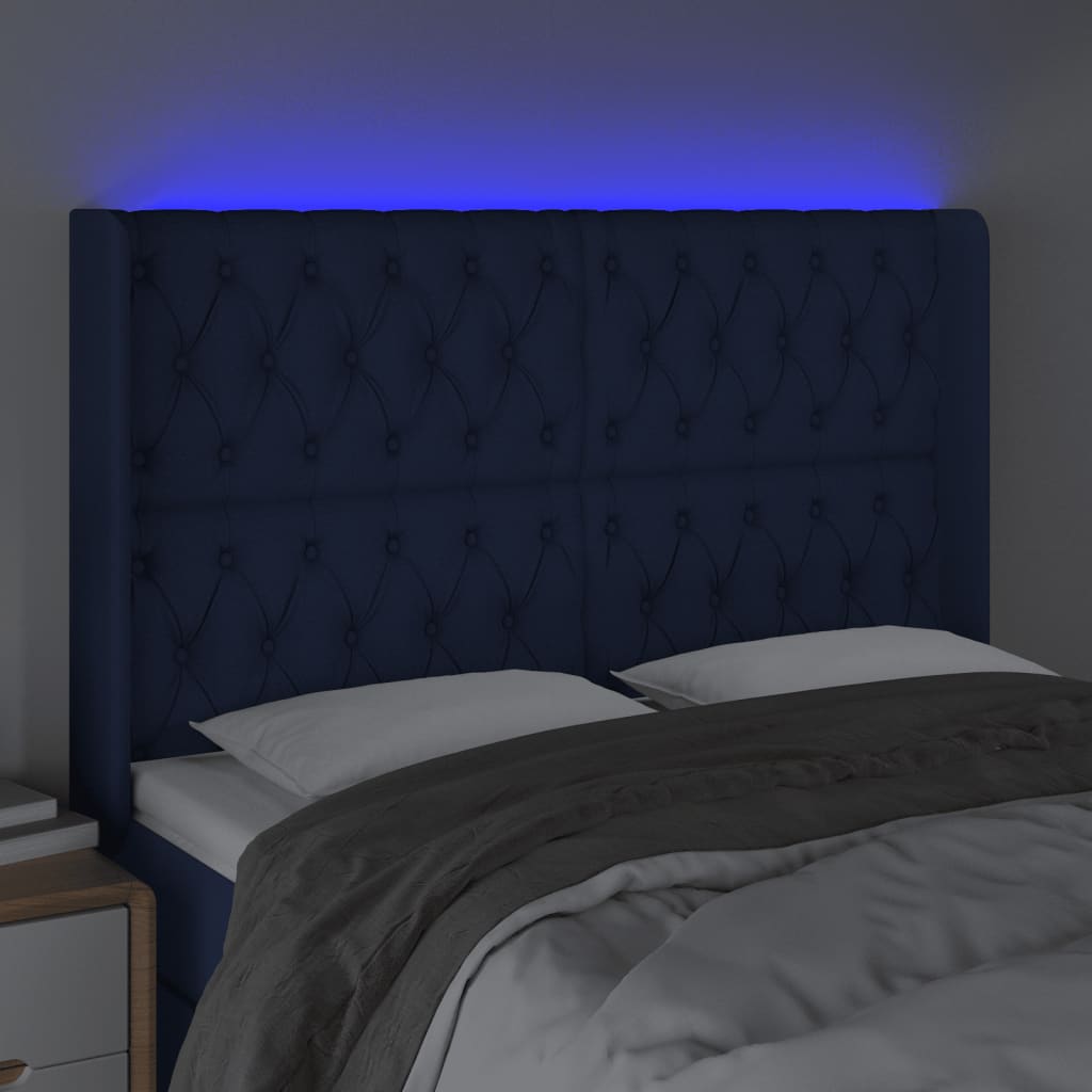 Sänggavel LED blå 163x16x118/128 cm tyg