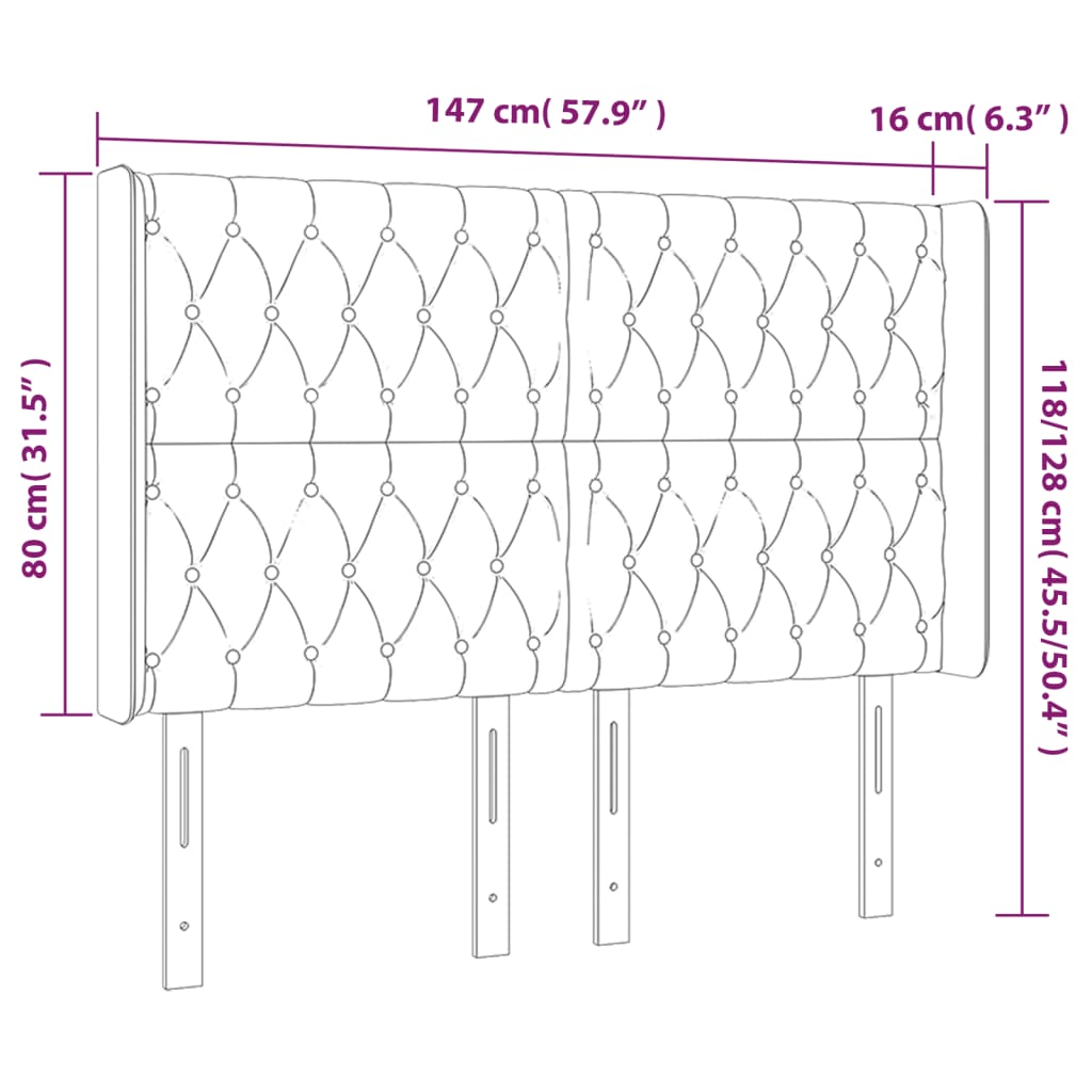 Sänggavel LED ljusgrå 147x16x118/128 cm sammet