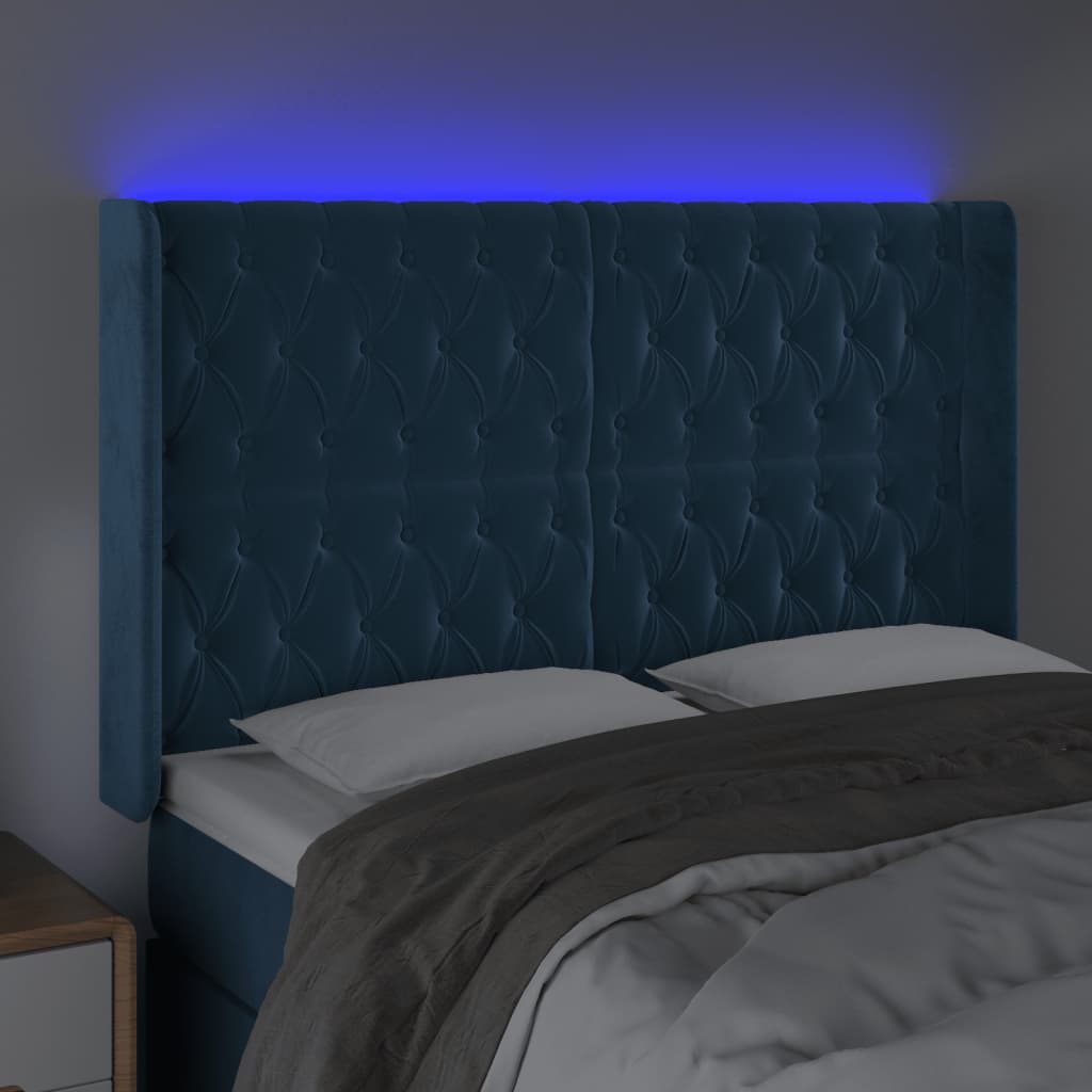 Sänggavel LED blå 147x16x118/128 cm sammet