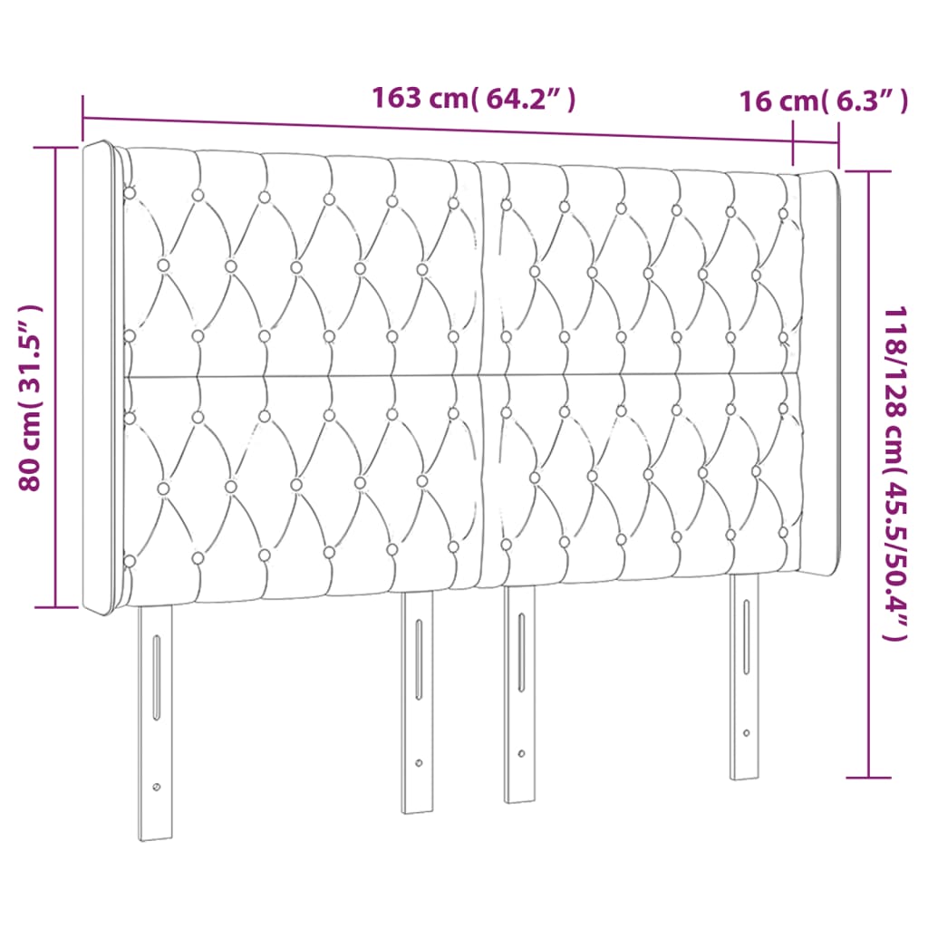 Sänggavel LED ljusgrå 163x16x118/128 cm sammet