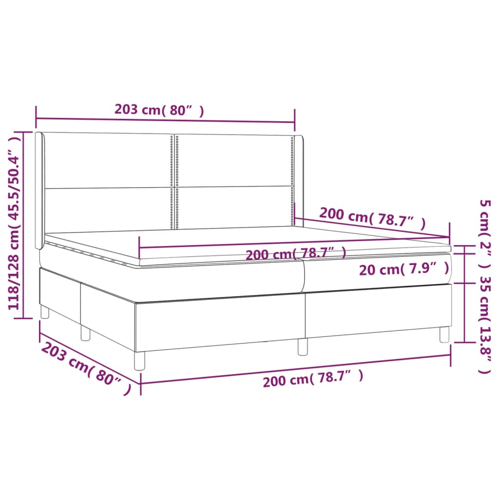 Ramsäng med madrass & LED gräddvit 200x200 cm tyg