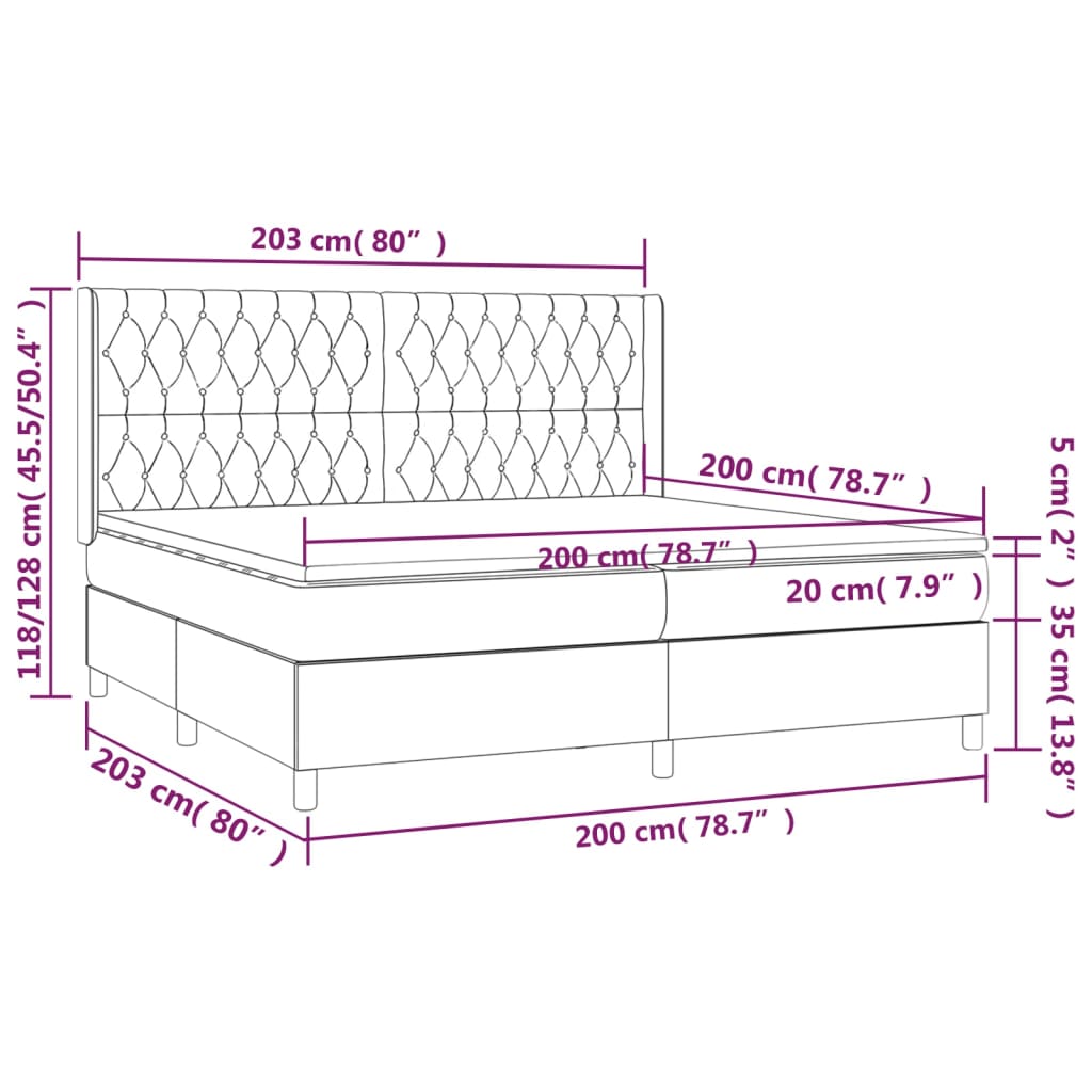 Ramsäng med madrass & LED gräddvit 200x200 cm tyg