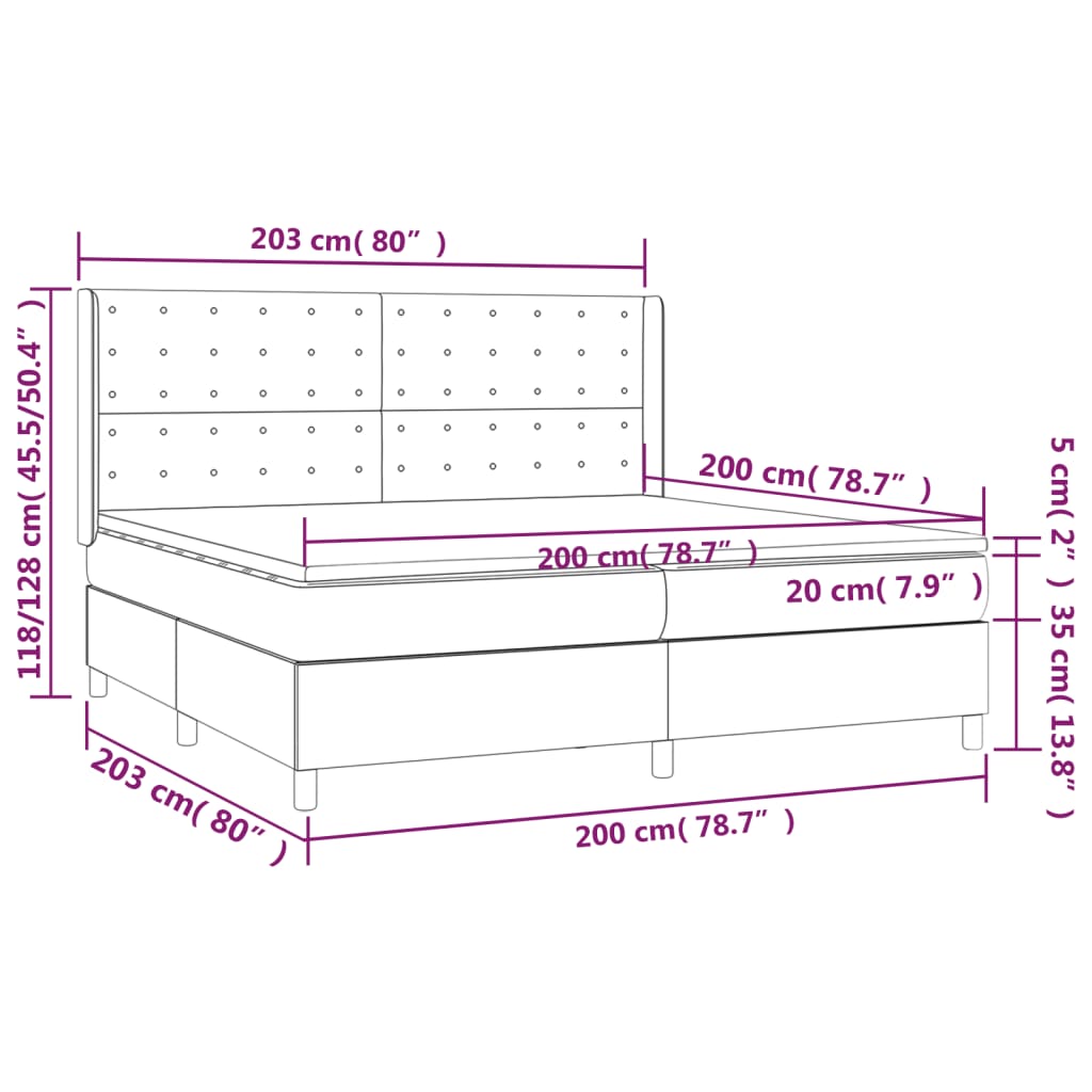 Ramsäng med madrass & LED gräddvit 200x200 cm tyg