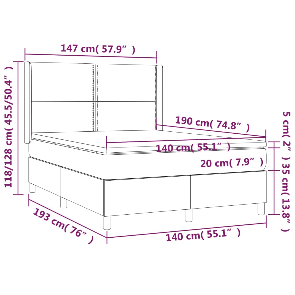 Ramsäng med madrass & LED svart 140x190 cm sammet