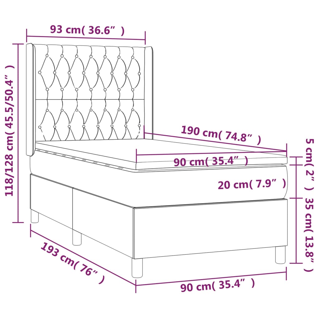 Ramsäng med madrass & LED svart 90x190 cm sammet