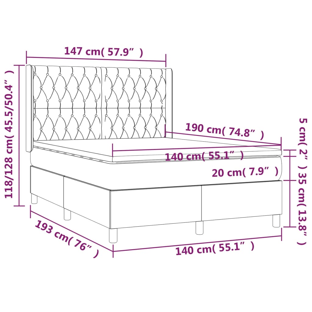 Ramsäng med madrass & LED svart 140x190 cm sammet