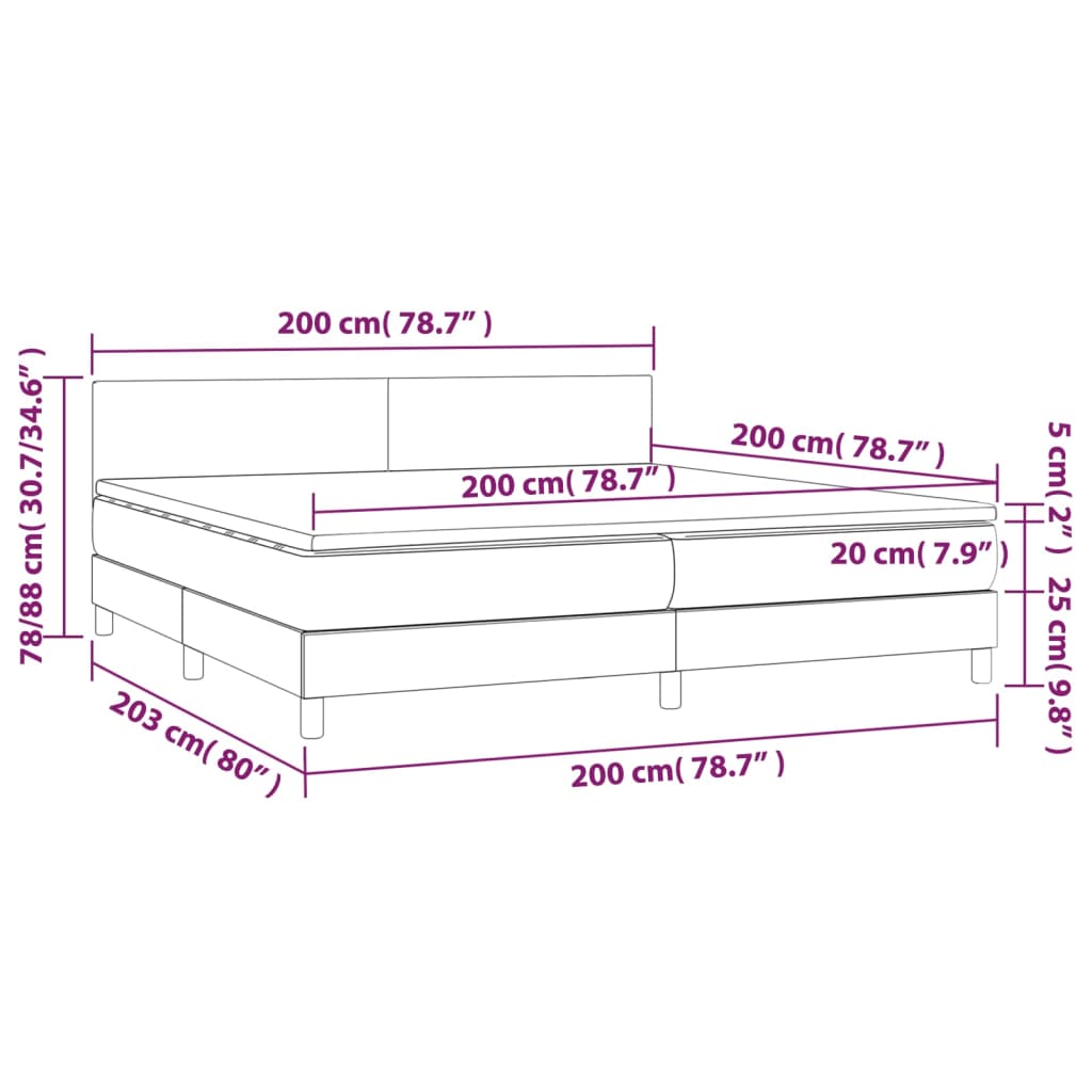 Ramsäng med madrass & LED gräddvit 200x200 cm tyg