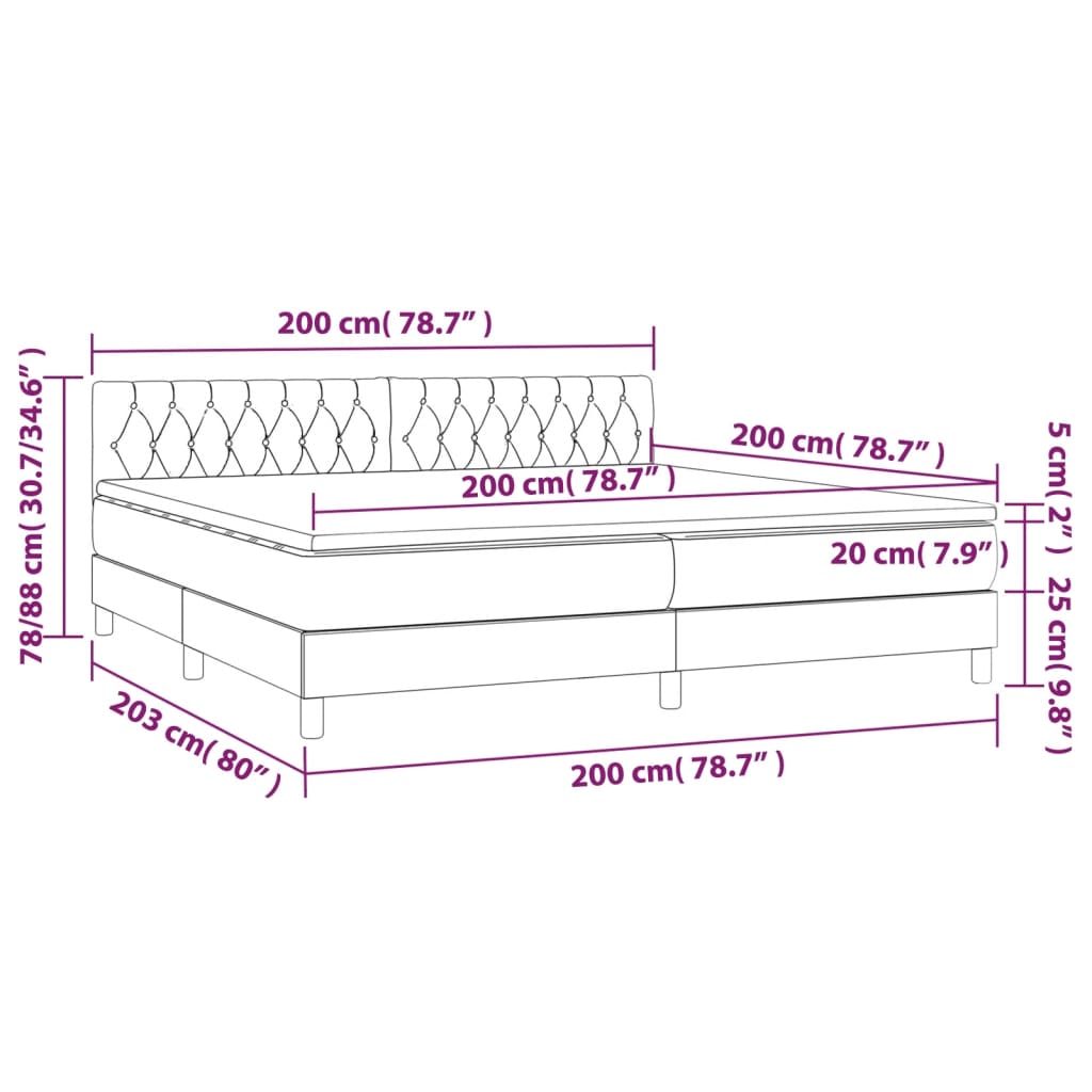 Ramsäng med madrass & LED gräddvit 200x200 cm tyg