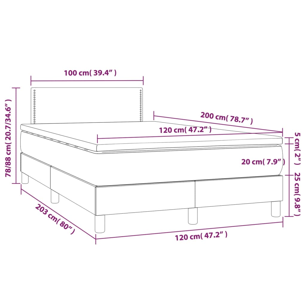 Ramsäng med madrass & LED mörkbrun 120x200 cm tyg