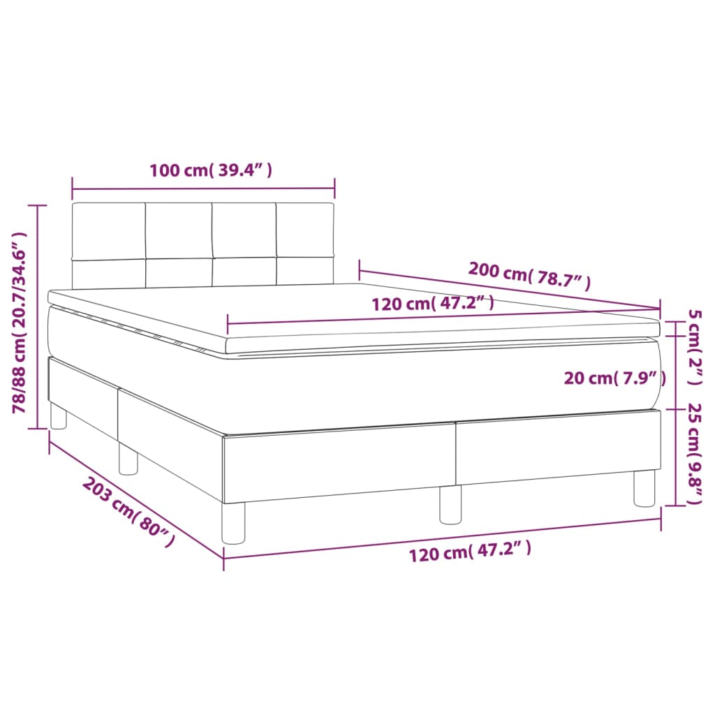 Ramsäng med madrass & LED mörkbrun 120x200 cm tyg