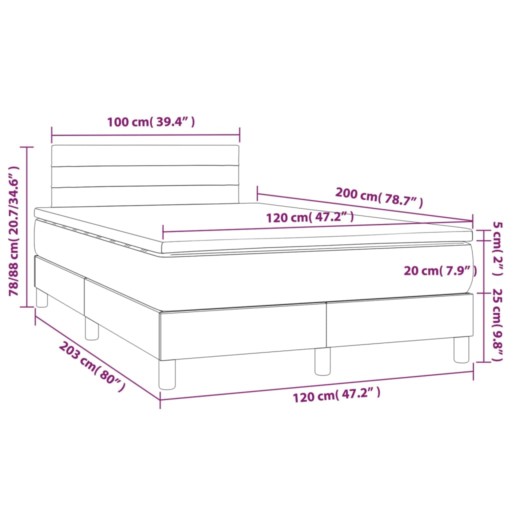 Ramsäng med madrass & LED mörkbrun 120x200 cm tyg