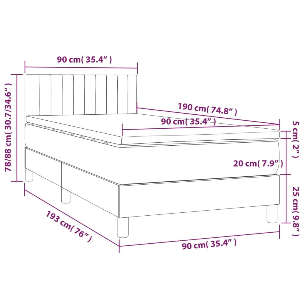 Ramsäng med madrass & LED gräddvit 90x190 cm tyg