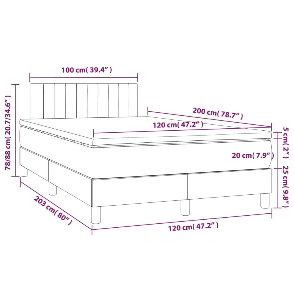 Ramsäng med madrass & LED mörkbrun 120x200 cm tyg