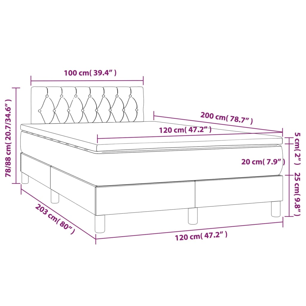 Ramsäng med madrass & LED mörkbrun 120x200 cm tyg