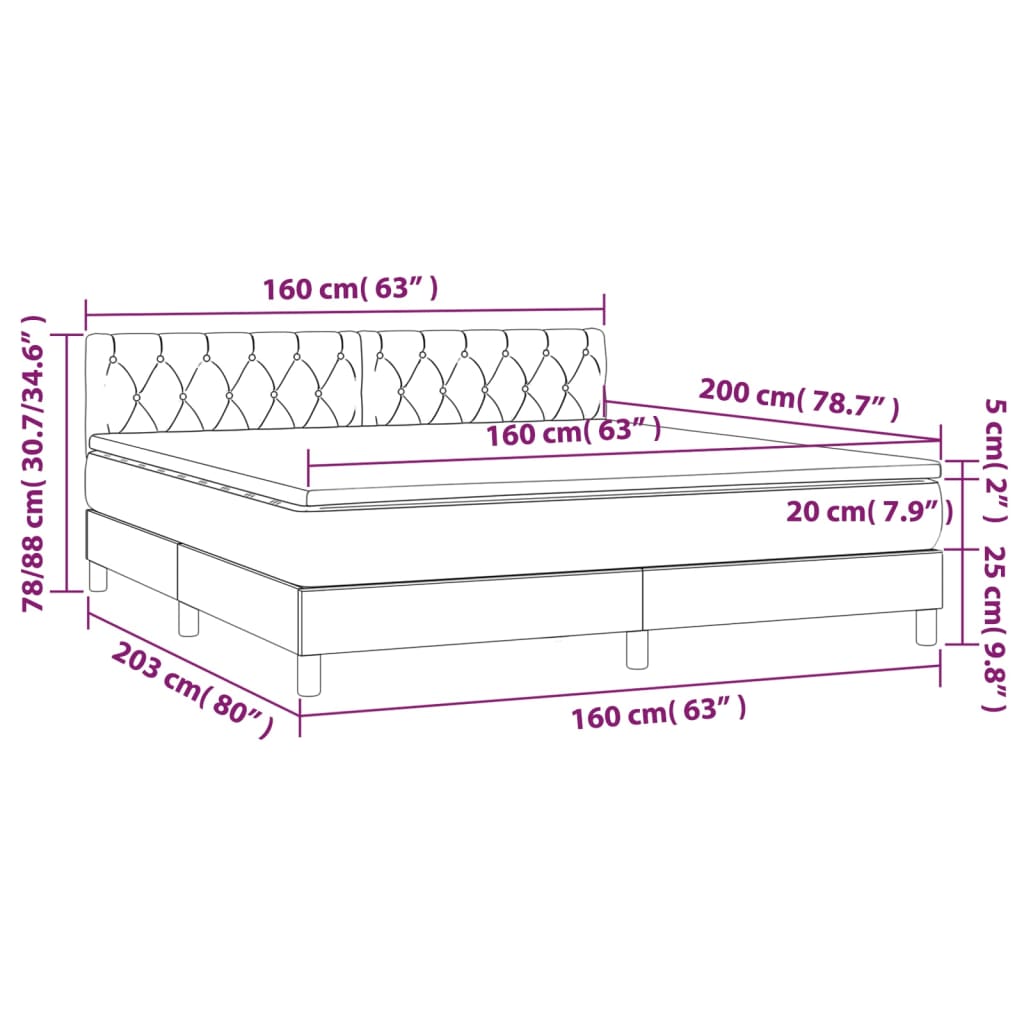 Ramsäng med madrass & LED mörkbrun 160x200 cm tyg