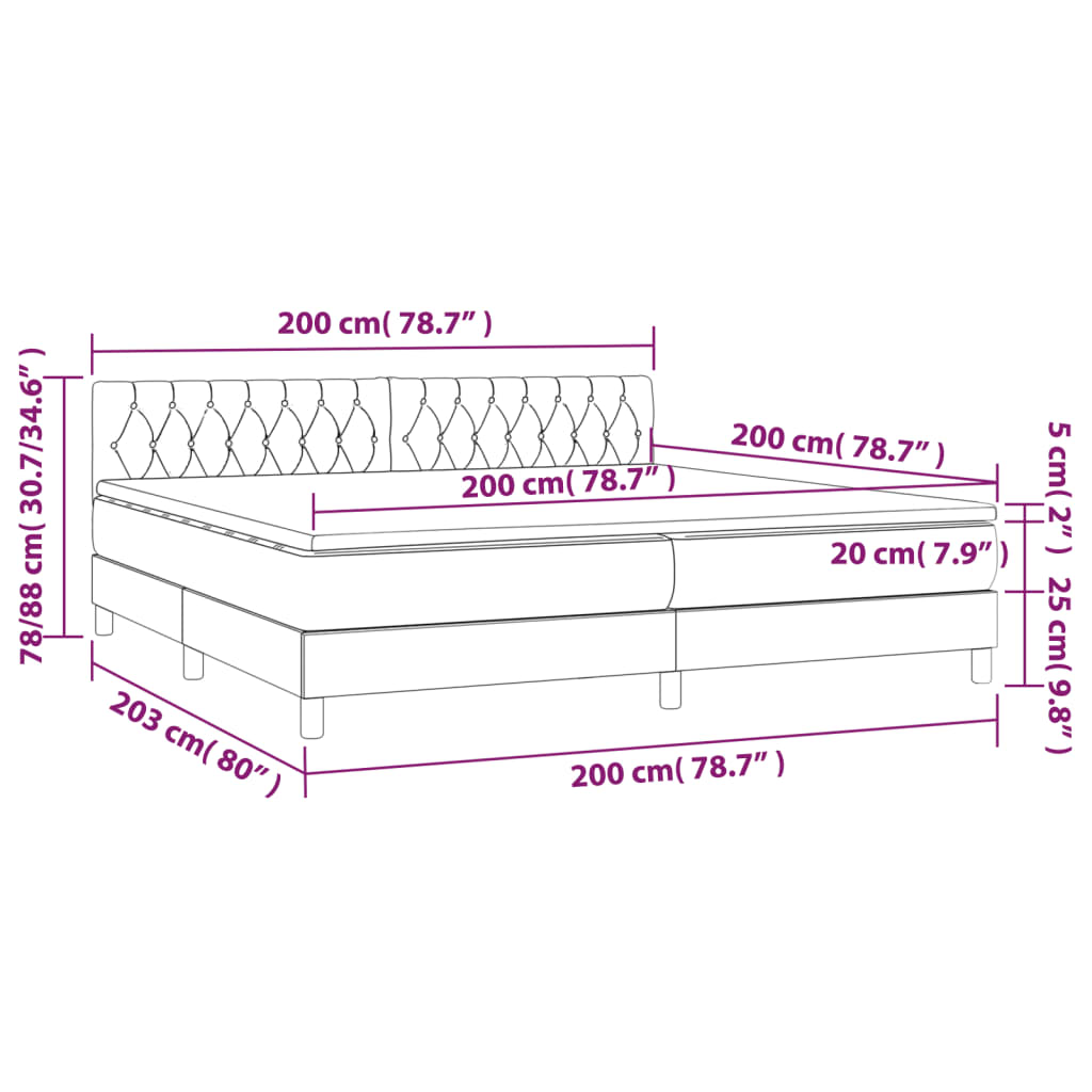 Ramsäng med madrass & LED gräddvit 200x200 cm tyg