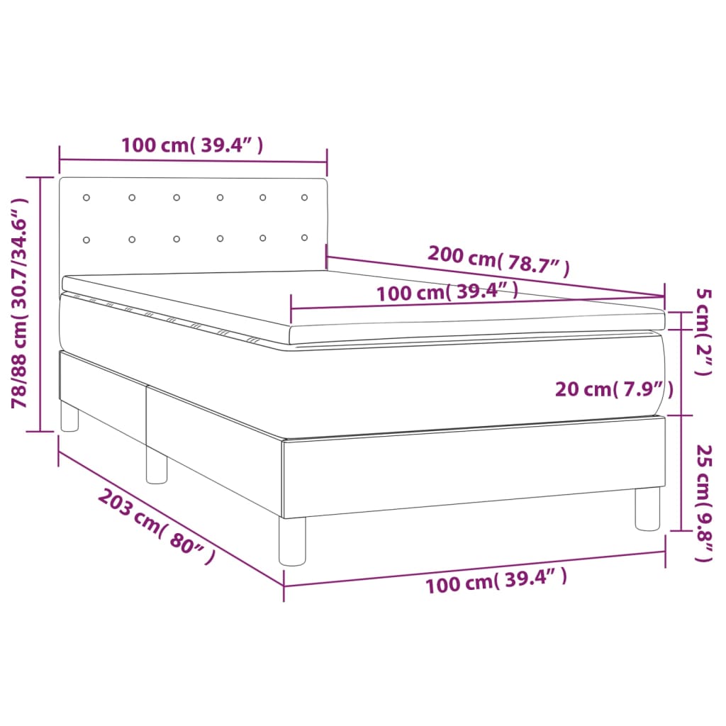 Ramsäng med madrass & LED blå 100x200 cm tyg