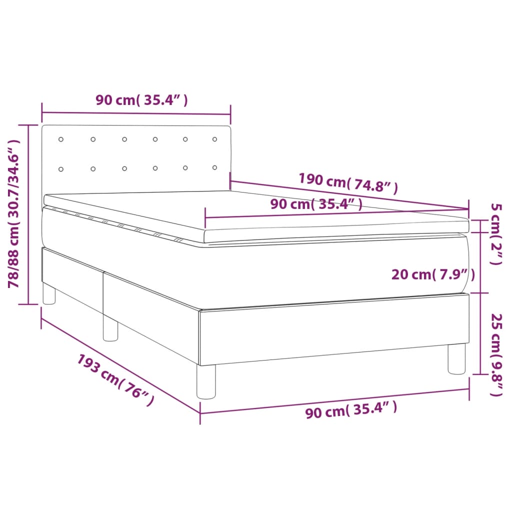 Ramsäng med madrass & LED ljusgrå 90x190 cm sammet