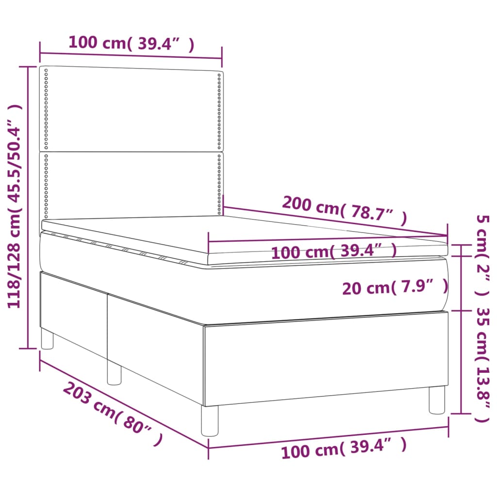 Ramsäng med madrass & LED blå 100x200 cm tyg