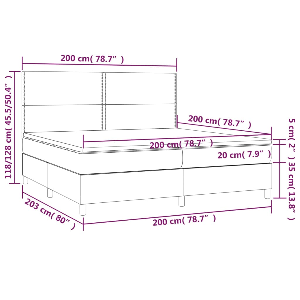 Ramsäng med madrass & LED gräddvit 200x200 cm tyg