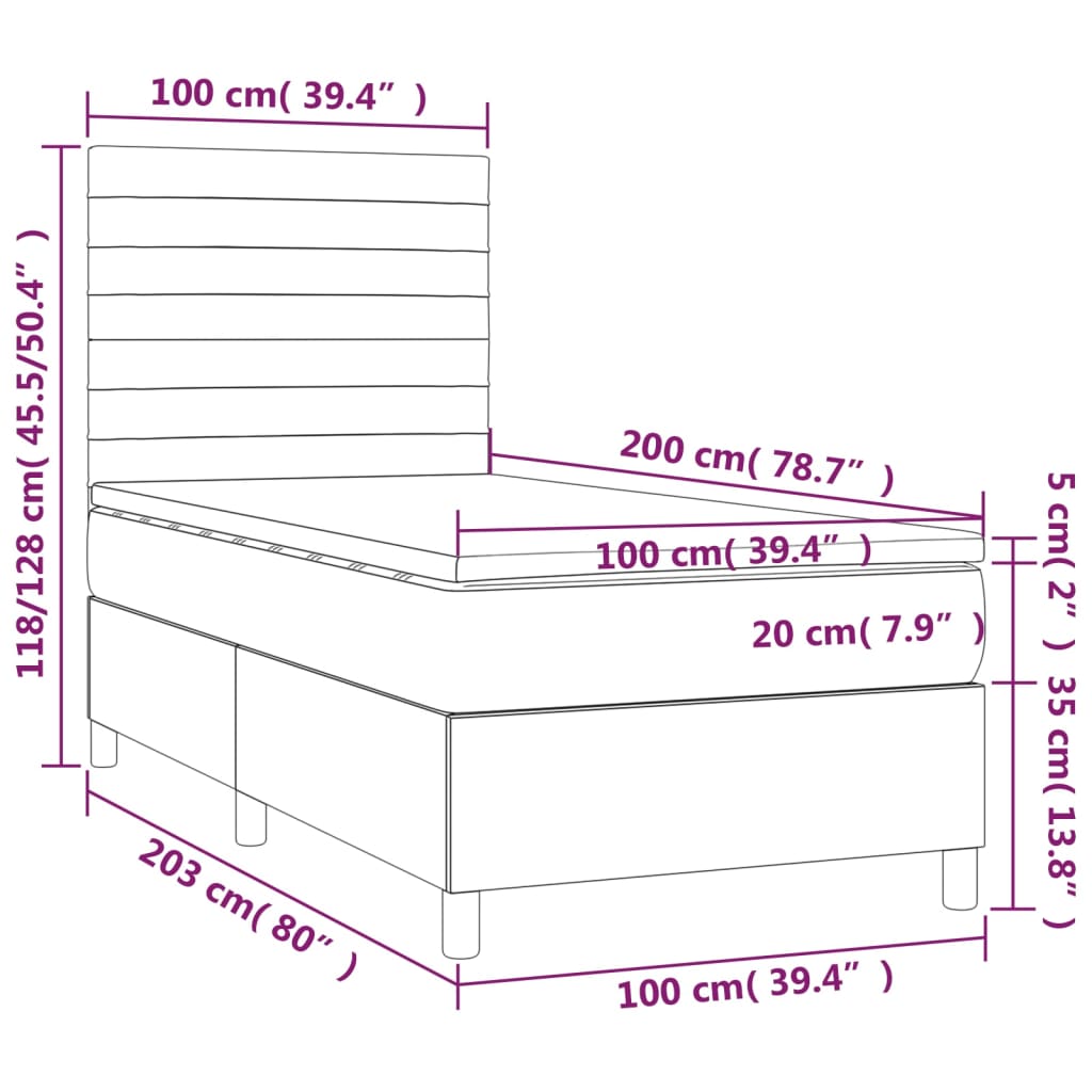 Ramsäng med madrass & LED mörkbrun 100x200 cm tyg