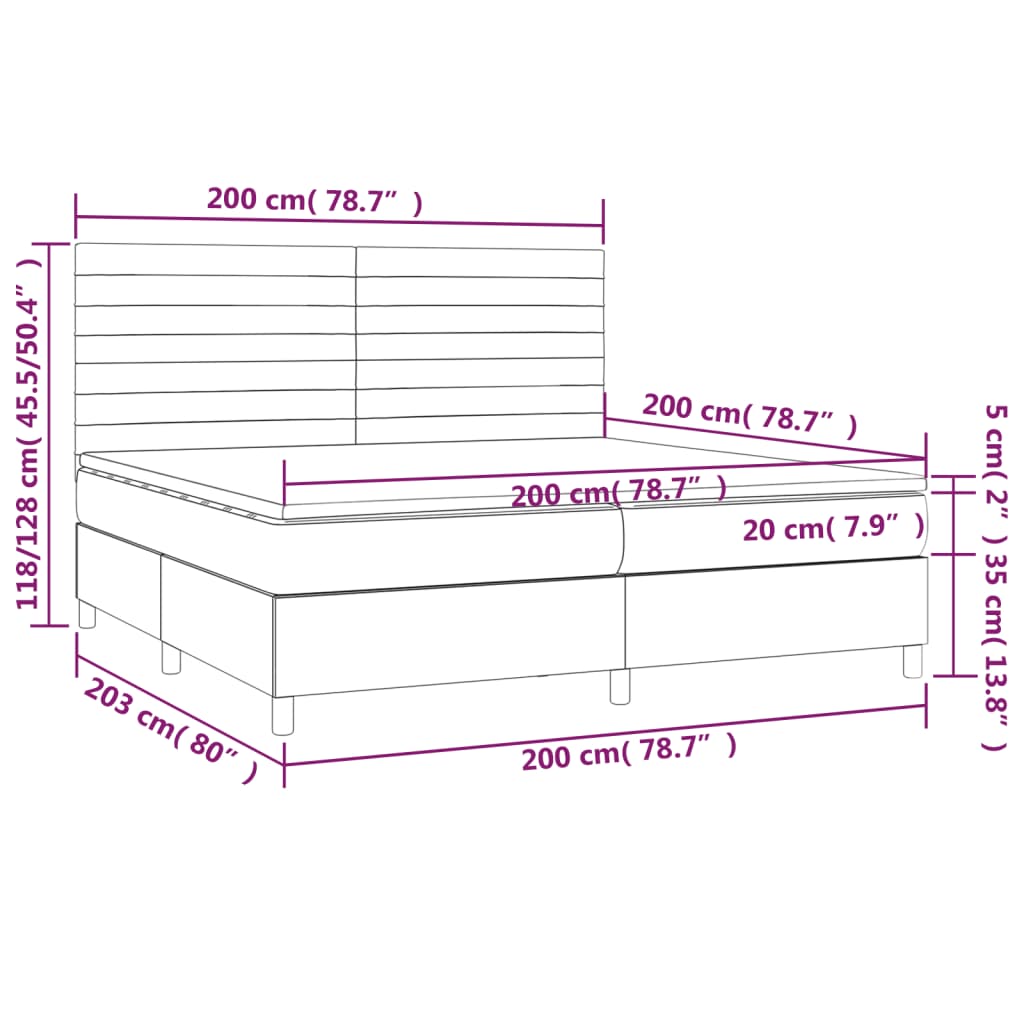 Ramsäng med madrass & LED mörkbrun 200x200 cm tyg