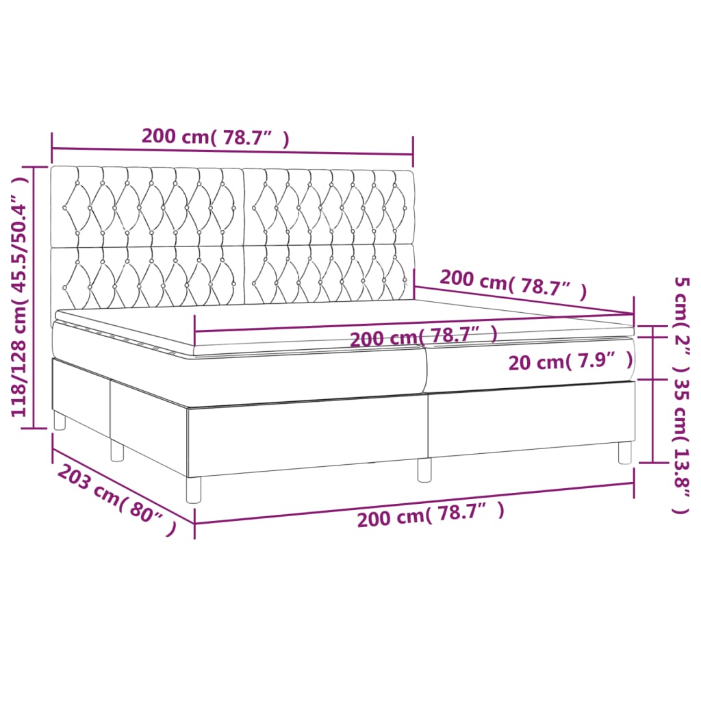 Ramsäng med madrass & LED gräddvit 200x200 cm tyg