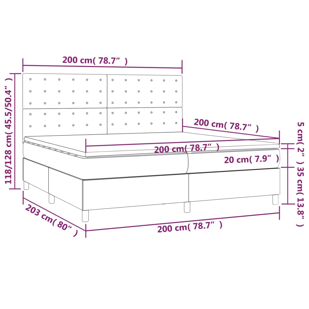 Ramsäng med madrass & LED gräddvit 200x200 cm tyg