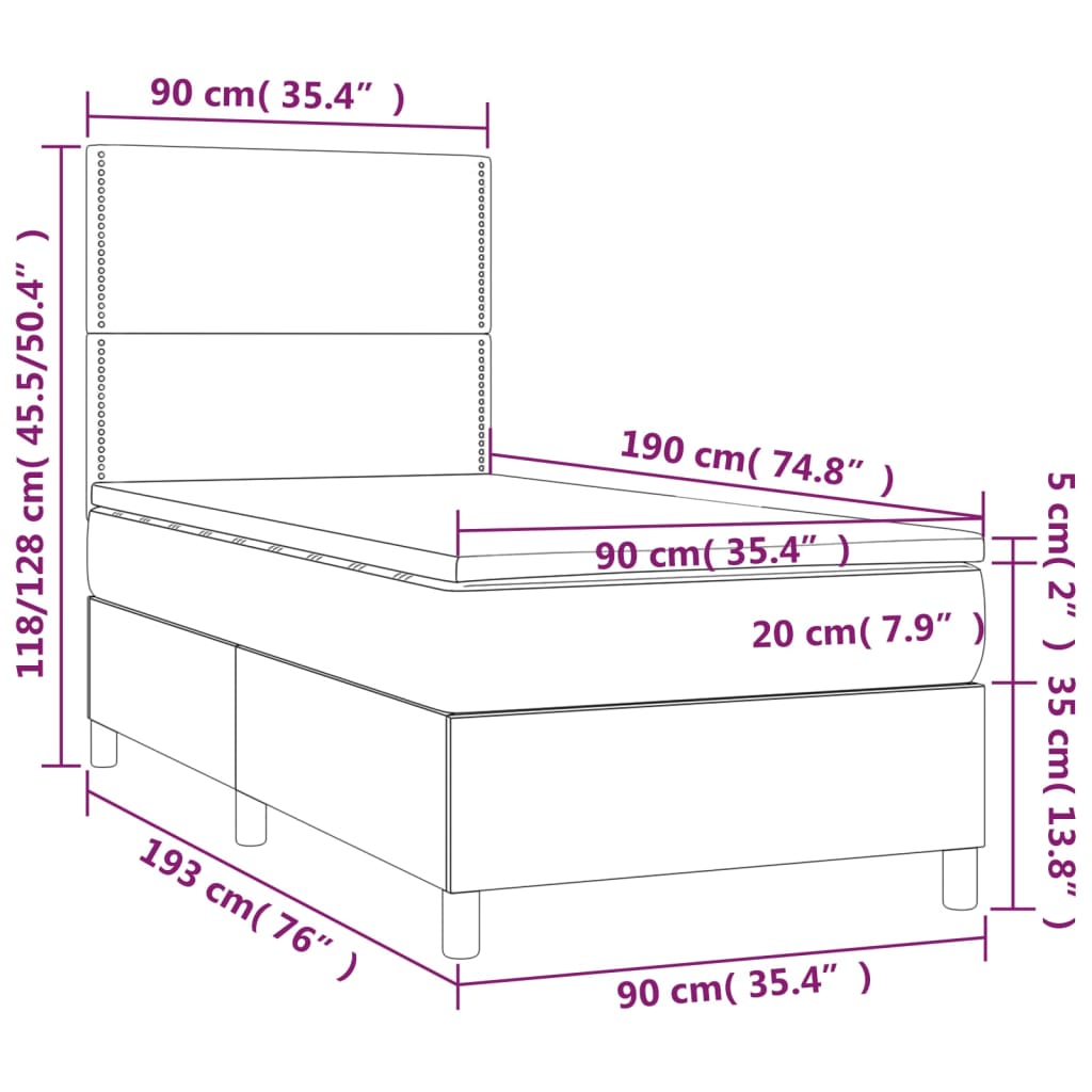 Ramsäng med madrass & LED blå 90x190 cm tyg