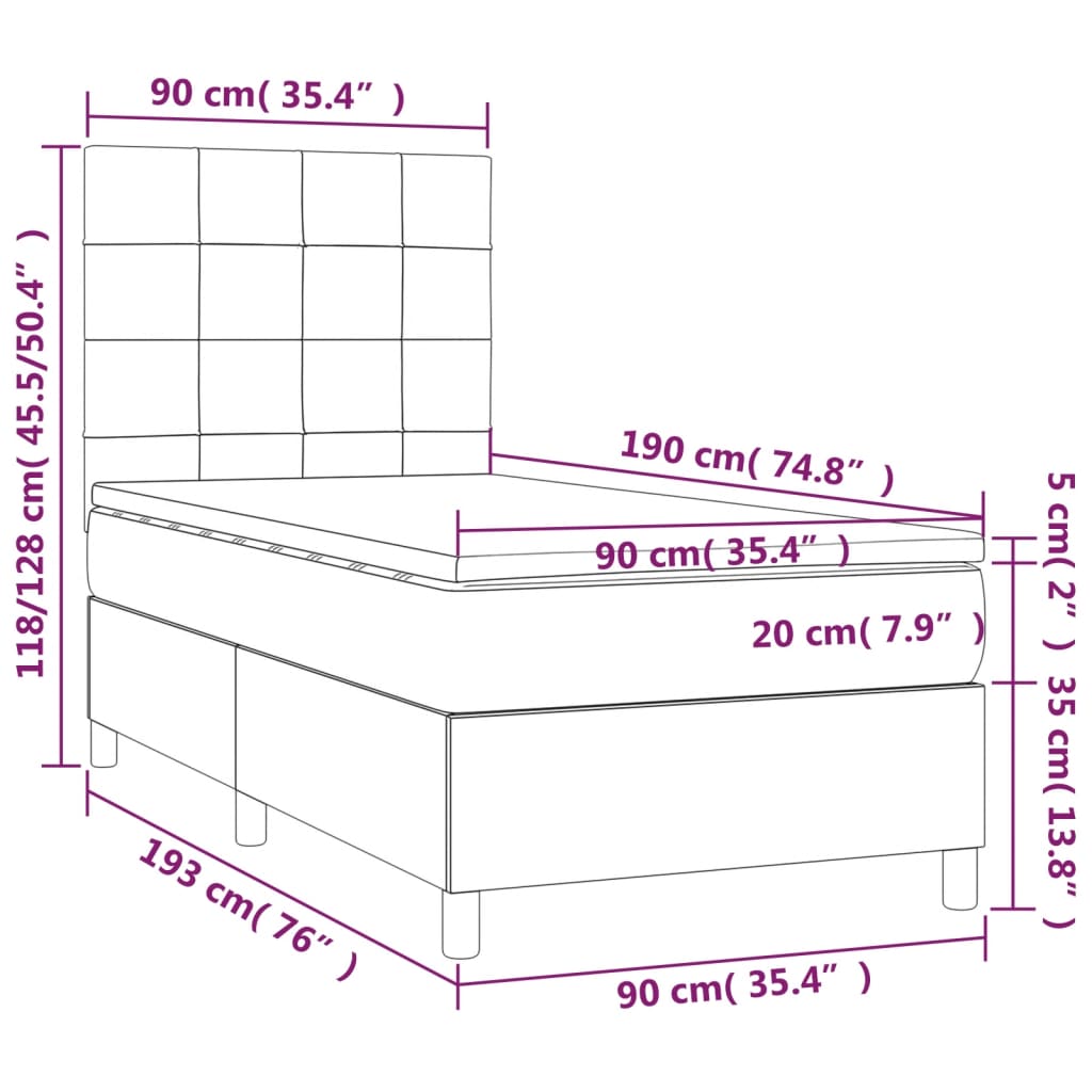 Ramsäng med madrass & LED gräddvit 90x190 cm tyg