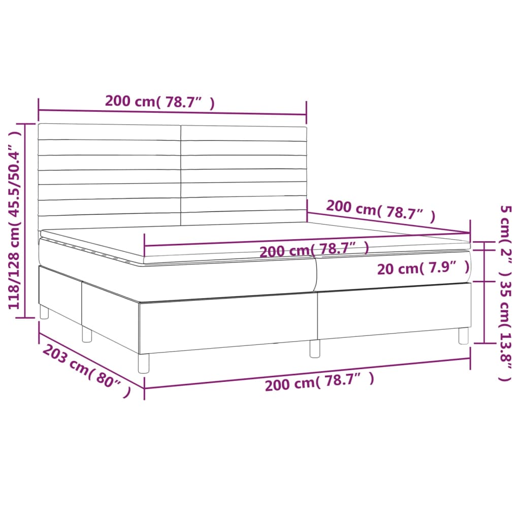 Ramsäng med madrass & LED mörkbrun 200x200 cm tyg