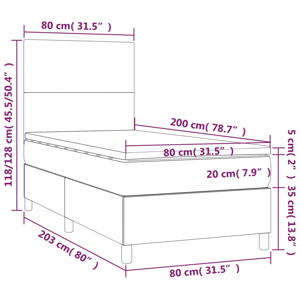 Ramsäng med bäddmadrass & LED cappuccino 80x200 cm konstläder