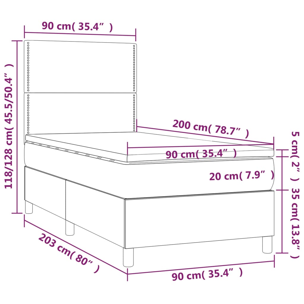 Ramsäng med bäddmadrass & LED cappuccino 90x200 cm konstläder