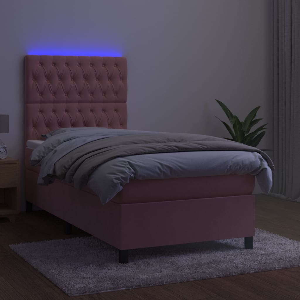 Ramsäng med madrass rosa & LED 90x190 cm sammet