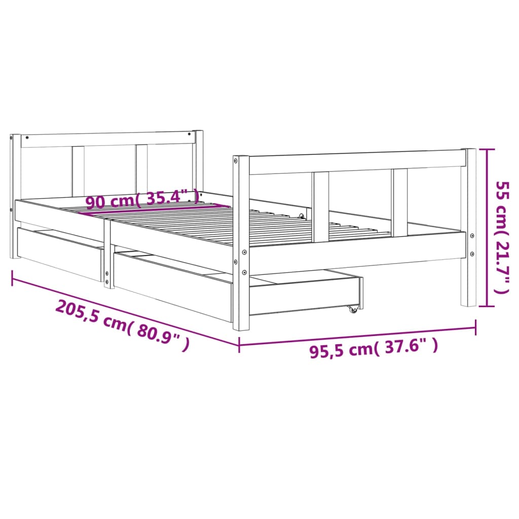 Sängram för barnsäng m. lådor vit 90x200 cm massiv furu